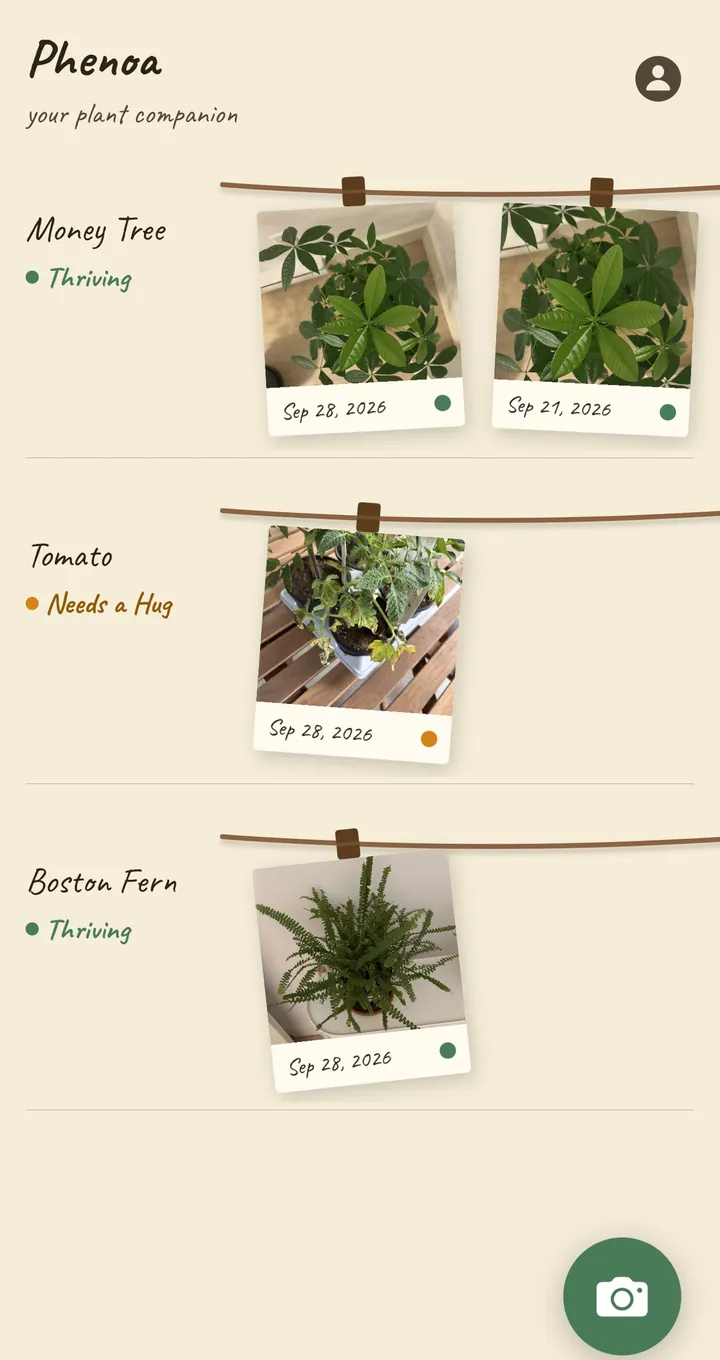 The Phenoa plant board. Each plant has a row of dated photos and a status such as Thriving or Needs a Hug.